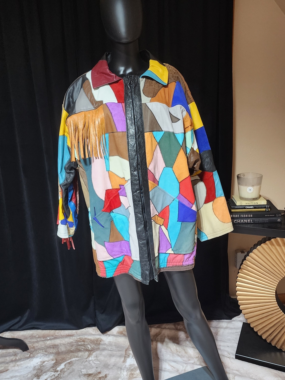 Vintage 80s Patchwork Leather Fringe Jacket Oversized Western Boho M/L - Picture 4 of 16